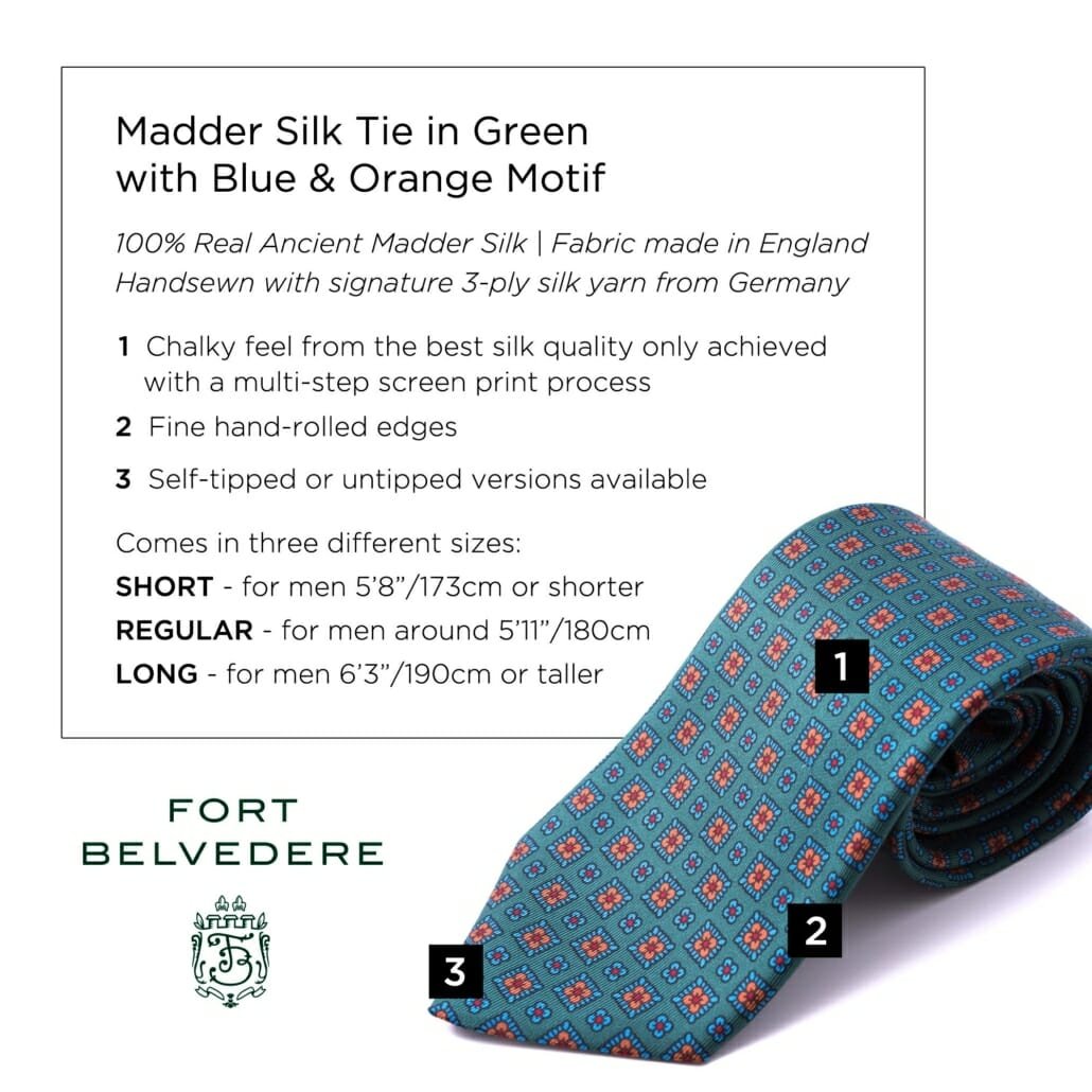Cravate en soie Madder en vert avec motif bleu orange - Fort Belvedere