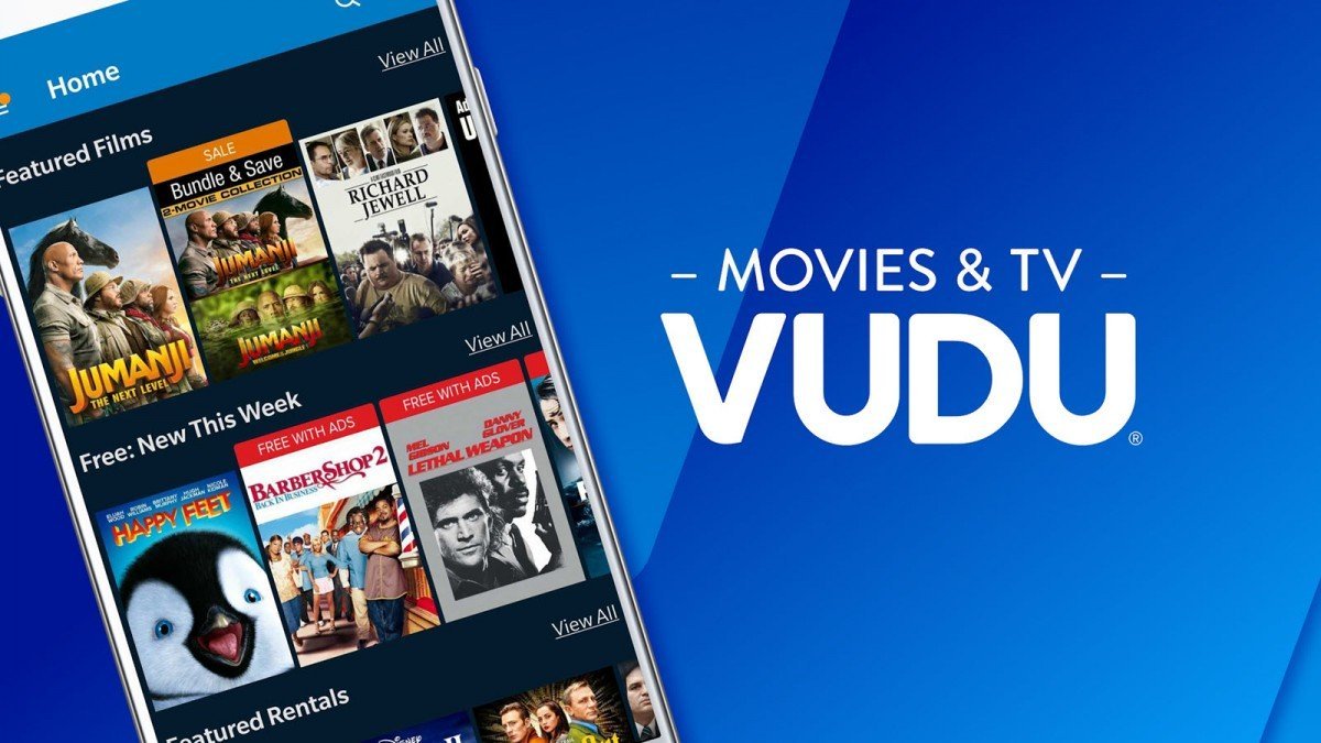 Le journal Vudu à côté d'un téléphone exécutant l'application Vudu avec des vidéos Jumanji.