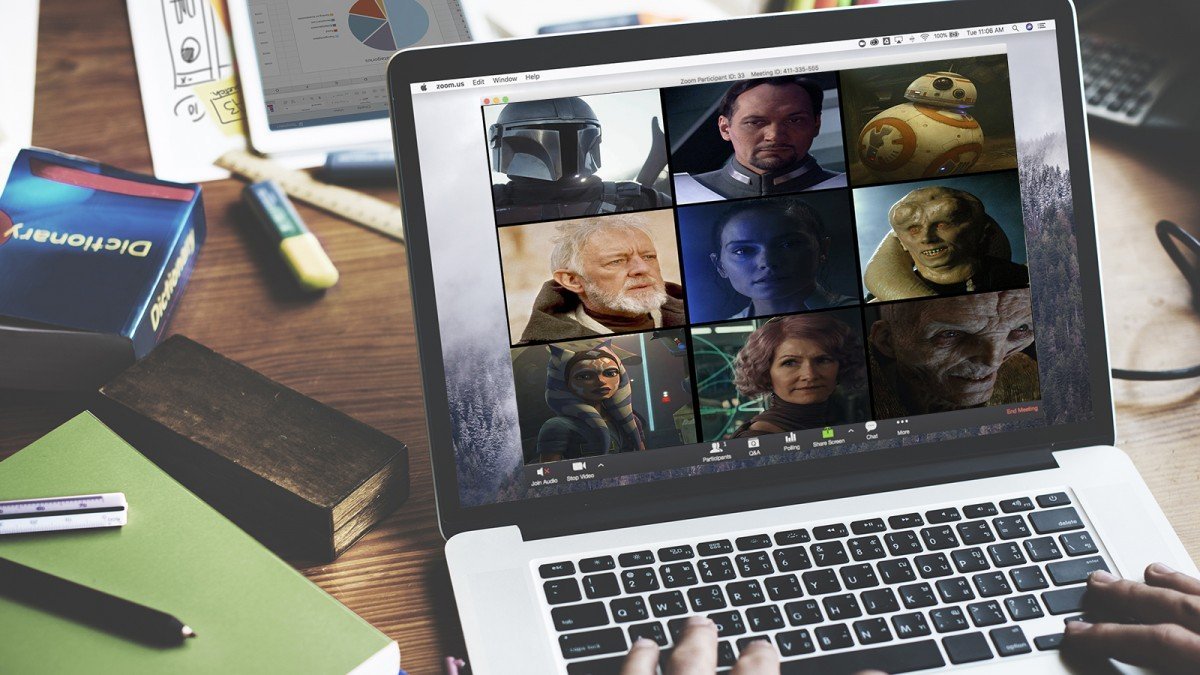 Un appel Zoom avec divers personnages de Star Wars