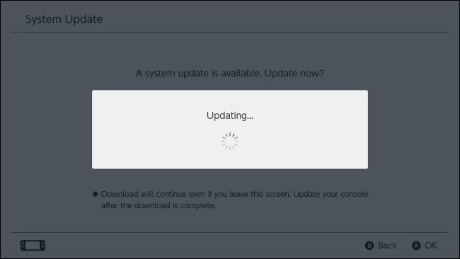 Écran de mise à jour du logiciel du système Nintendo Switch
