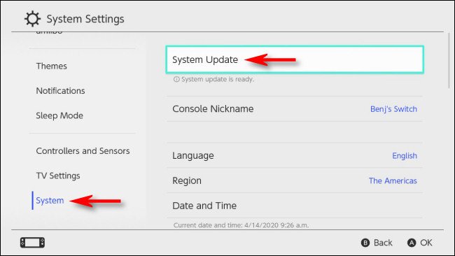 Sélectionnez Mise à jour du système dans les paramètres du système sur Nintendo Switch