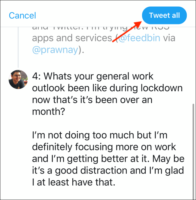 Appuyez sur Tweet tout pour publier le fil Twitter ou la tweetstorm