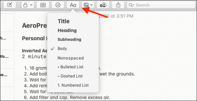 Options de formatage dans l'application Notes pour Mac