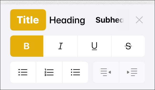 Barre d'outils de formatage dans l'application Notes