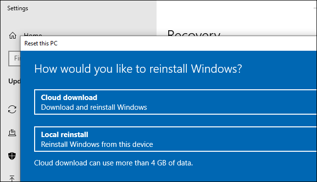 L'option de téléchargement dans le cloud pour réinitialiser (ou réinstaller) Windows 10.