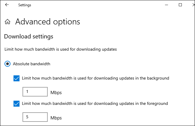 Définition d'une limite de téléchargement et de téléchargement en Mbps pour les mises à jour de Windows 10.
