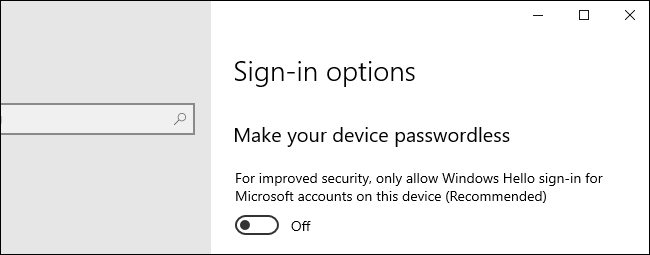 Option pour rendre votre appareil sans mot de passe sur Windows 10.