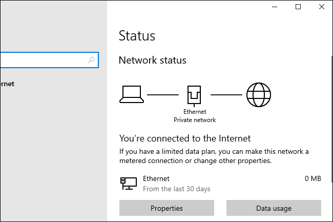 Nouvelles options d'état du réseau de Windows 10 20H1.