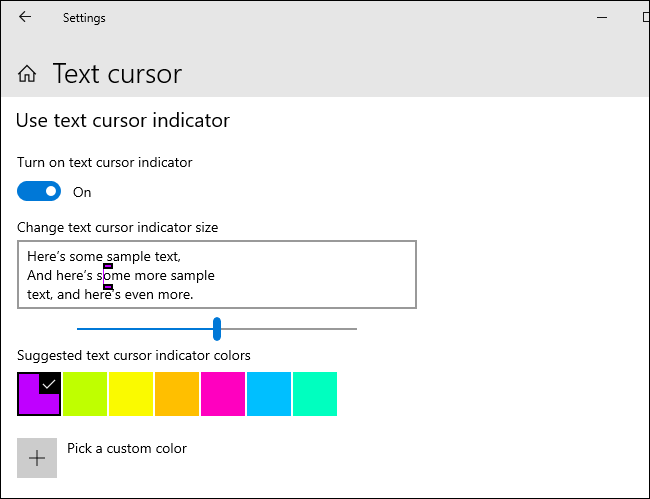 Personnalisation de votre indicateur de curseur de texte sous Windows 10. 