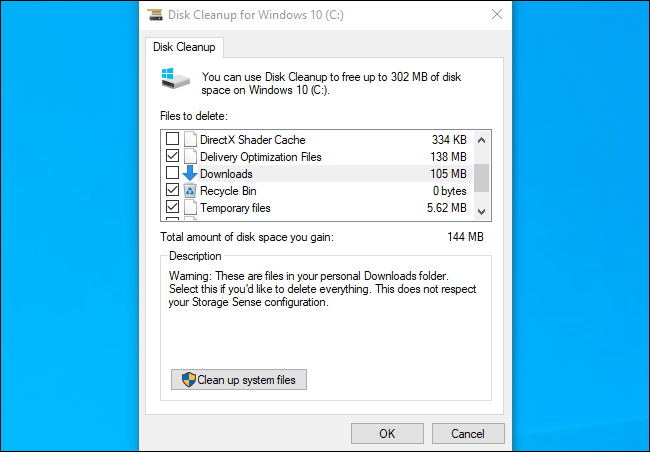 Nettoyage de disque affichant le dossier Téléchargements sur la mise à jour de novembre 2019 de Windows 10. 