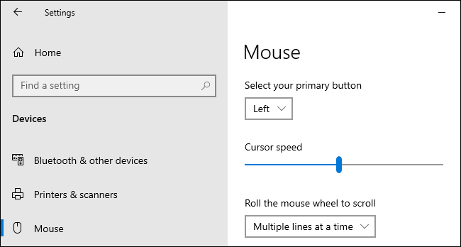 Définition de la vitesse du curseur de la souris dans l'application Paramètres de Windows 10. 