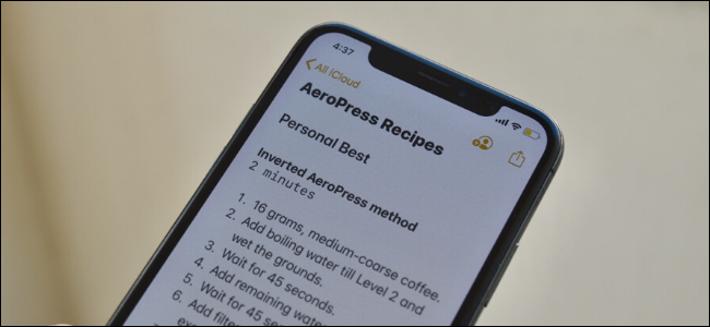 Une note dans Apple Notes avec formatage sur iPhone