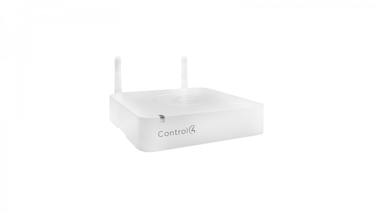 Un hub Control4 blanc avec deux antennes pointant vers l'arrière.