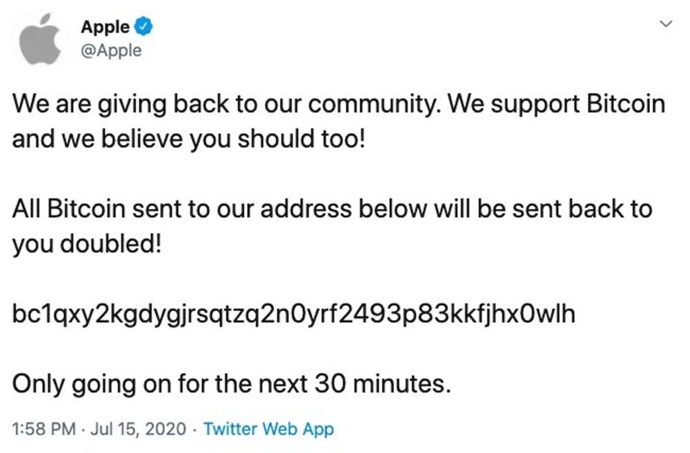 Une capture d'écran du compte Apple, promettant de doubler l'argent des gens en échange de bitcoin.