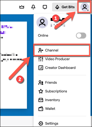 Pour accéder à votre chaîne Twitch, appuyez sur l'icône de la chaîne en haut à droite. Dans la liste déroulante, cliquez sur le 