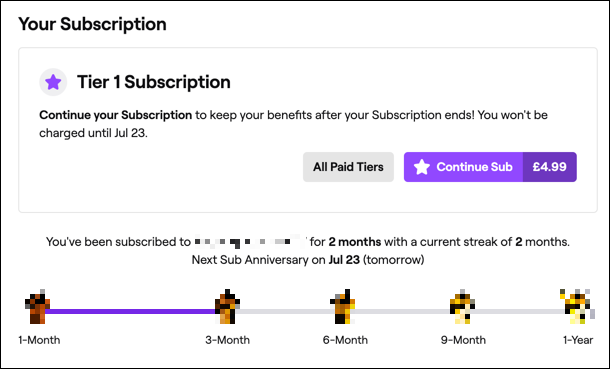 Un abonnement actif à une chaîne Twitch, affiché sur le site Web de Twitch.