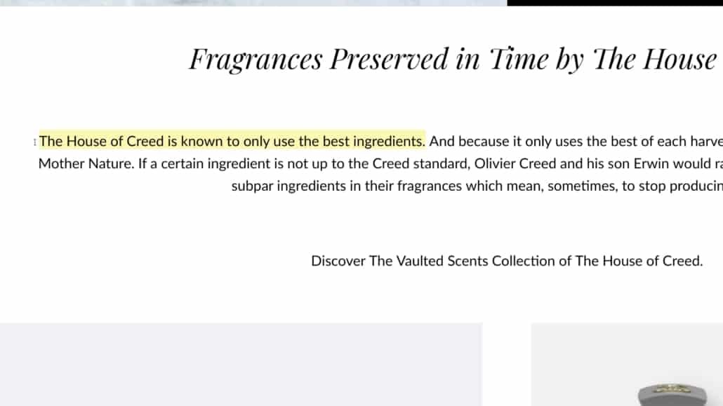 Creed se vante d'ingrédients de haute qualité et d'un processus méticuleux de mélange à la main pour que leurs parfums durent plus longtemps.