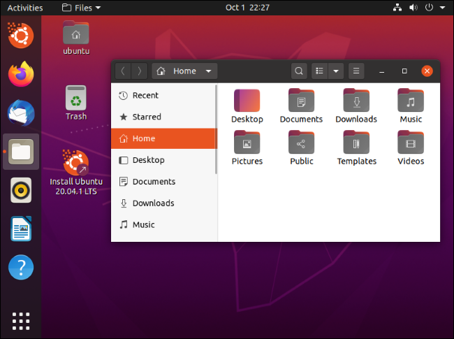 Gestionnaire de fichiers Nautilus d'Ubuntu sur un bureau Ubuntu 20.04
