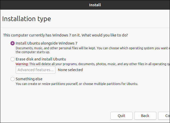 Choisir un type d'installation lors de l'installation d'Ubuntu