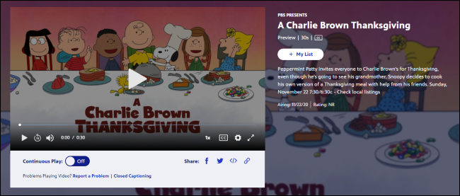 "Un Thanksgiving Charlie Brown" sur le site Web de PBS.