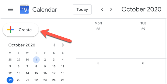 Dans l'interface Web de Google Agenda, cliquez sur l'icône "Créer" bouton en haut à gauche