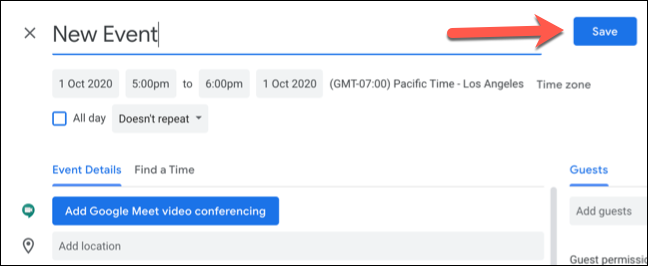 Cliquez sur "sauvegarder" pour enregistrer le nouvel événement Google Agenda avec des fuseaux horaires personnalisés.