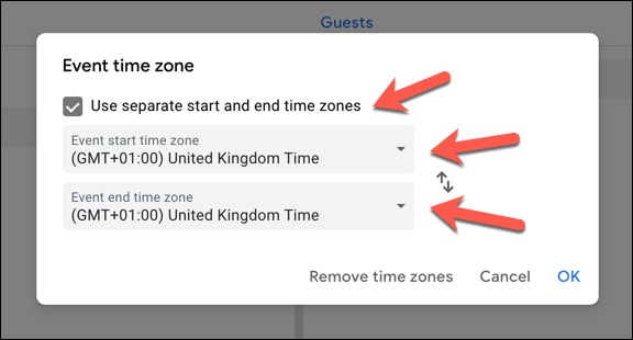 Pour ajouter un fuseau horaire secondaire, cliquez sur l'icône "Utiliser des fuseaux horaires de début et de fin distincts" case à cocher. Sélectionnez un fuseau horaire principal (ou principal et secondaire) dans les menus déroulants