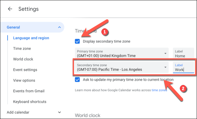 Clique le "Afficher le fuseau horaire secondaire" case à cocher, puis sélectionnez un fuseau horaire secondaire dans "Fuseau horaire secondaire" menu déroulant avant d'ajouter une étiquette au "Étiquette" boîte à côté.