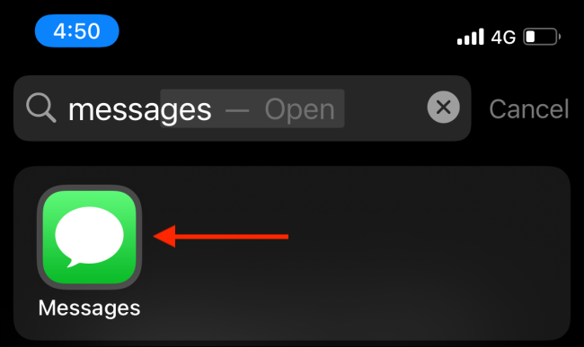 Appuyez sur Messages de la recherche Spotlight