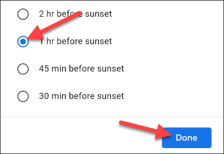 choisissez une heure en fonction du lever ou du coucher du soleil