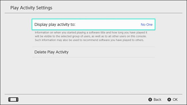 Nintendo Switch "Afficher l'activité de jeu sur" réglage réglé sur "Personne."