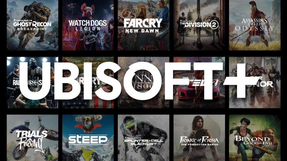 Logo Ubisoft Plus avec une poignée de jeux derrière