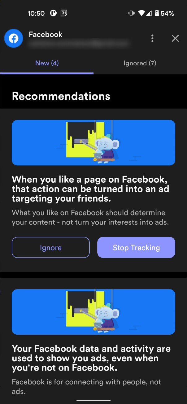 Une capture d'écran des options Facebook de Jumbo Privacy
