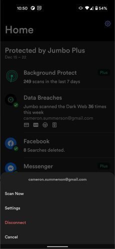 Une capture d'écran des options Facebook de Jumbo Privacy