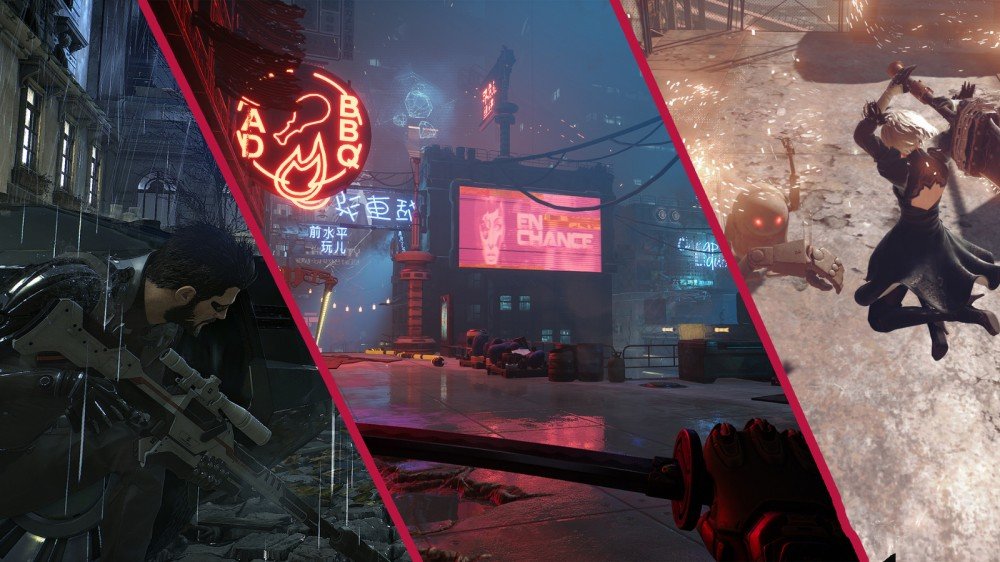 Captures d'écran de Deus Ex: Mankind Divided, Ghostrunner et NieR: Automata dans un collage.