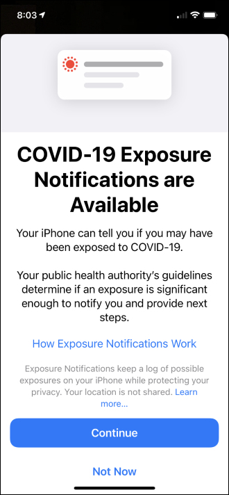 Les notifications d'exposition COVID-19 sont disponibles sur un iPhone.