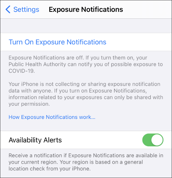 Le paramètre Alertes de disponibilité pour les notifications d'exposition COVID-19 sur iPhone.