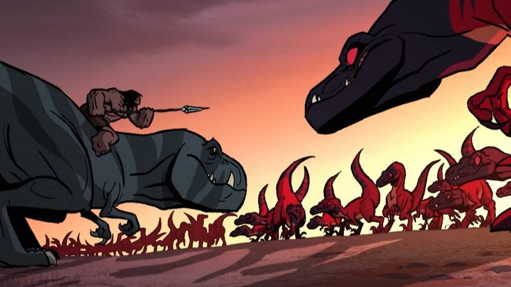 Adult Swim Primal: Spear and Fang versus Velociraptors