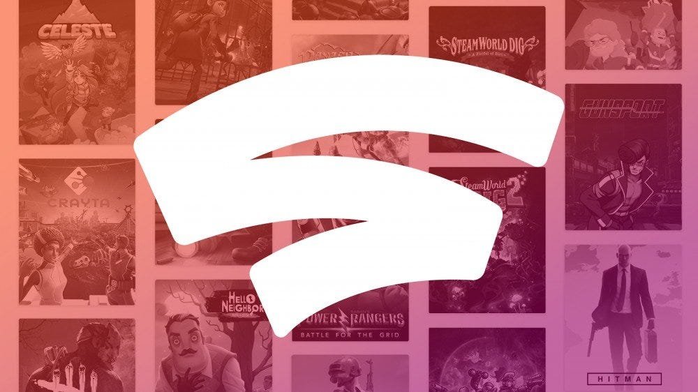 Le logo Stadia devant plusieurs titres de jeux.