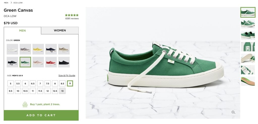 capture d'écran de cariuma shopping chaussures vertes