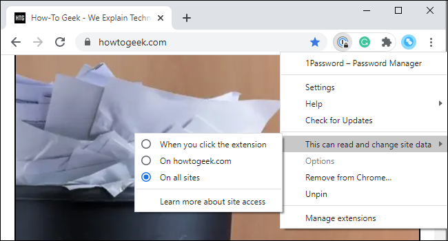 Cliquez avec le bouton droit de la souris sur l'icône de la barre d'outils d'une extension dans Chrome pour modifier son accès au site.