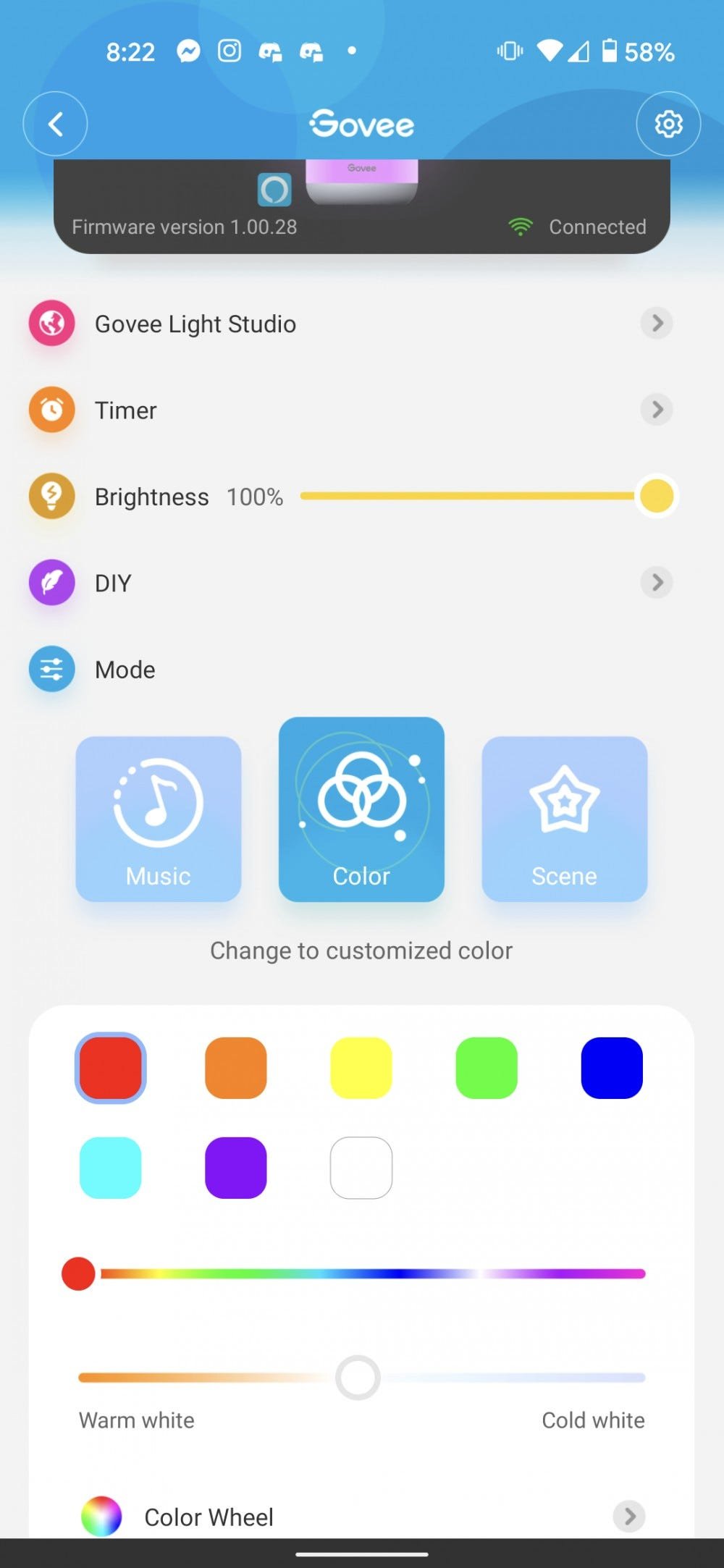 L'application Govee montrant l'option de couleur unie pour la lampe Aura