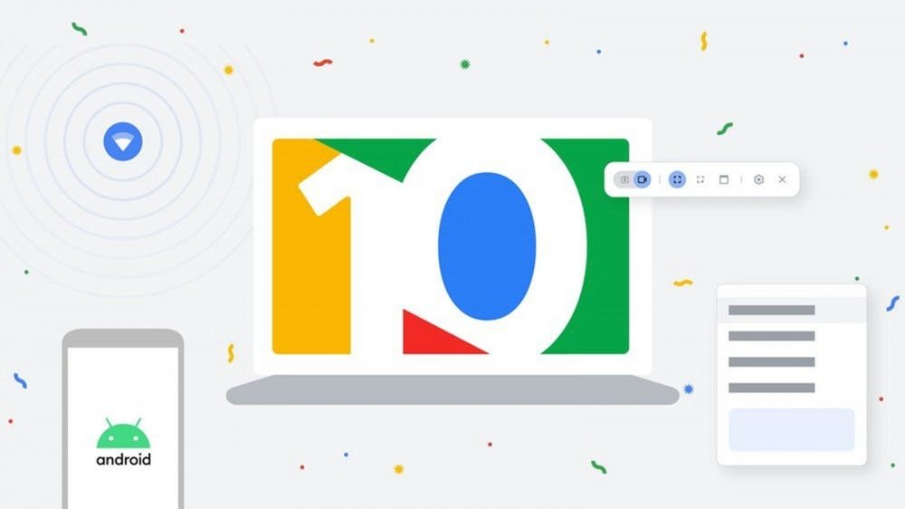 Une maquette d'un Chromebook avec le numéro 10 aux couleurs de Google à l'écran.