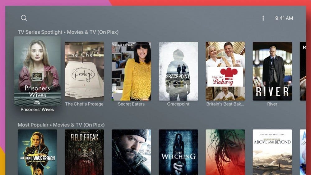 Une série de films et d'émissions télévisées Plex sur une interface Apple TV.