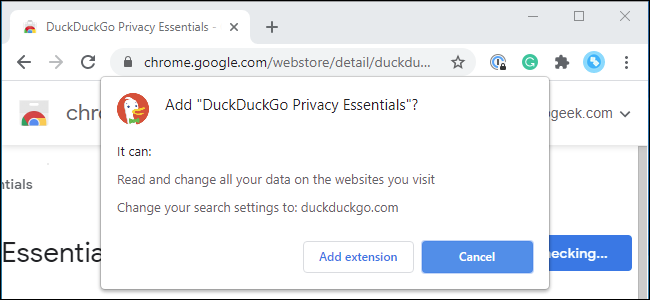Invite d'autorisation de Chrome lors de l'installation de l'extension DuckDuckGo.