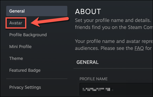 Dans le menu des paramètres de votre profil Steam, appuyez sur le bouton "Avatar" option.