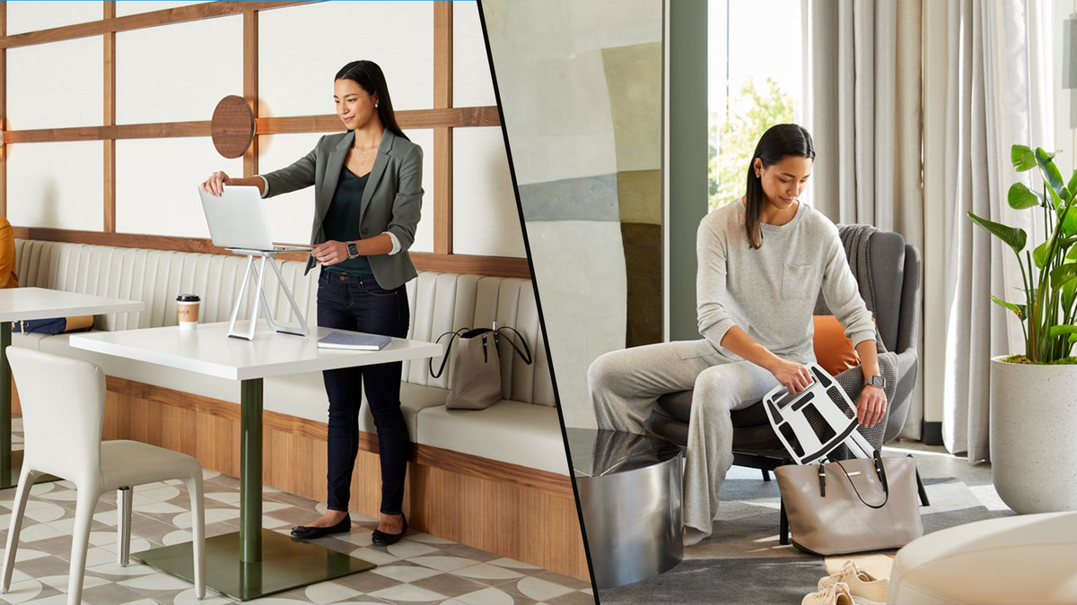 Support d'ordinateur portable portable Vari sur une table de café et plié pour tenir dans un sac à main