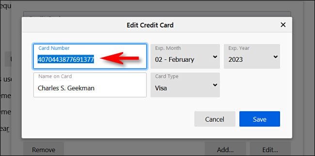Dans le "Modifier la carte de crédit" fenêtre, vous verrez le numéro de carte de crédit complet.