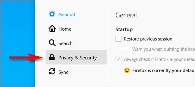 Dans les options de Firefox, cliquez sur "Confidentialité et sécurité" dans le menu de la barre latérale.