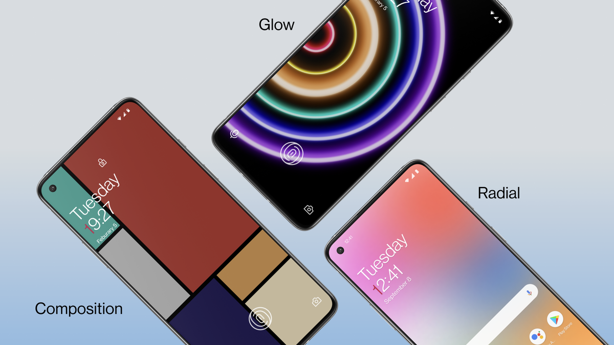 OnePlus WellPaper dans "Composition," "Briller," et "Radial" mode.